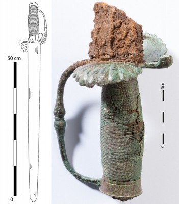 Figure 4. Tomb 4 (male, unknown age), Kindoki, drawing of the reconstructed sword (Sengeløv 2014) and detail of its handle (picture made at the Royal Institute for Cultural Heritage (IRPA/KIK)—Brussels).